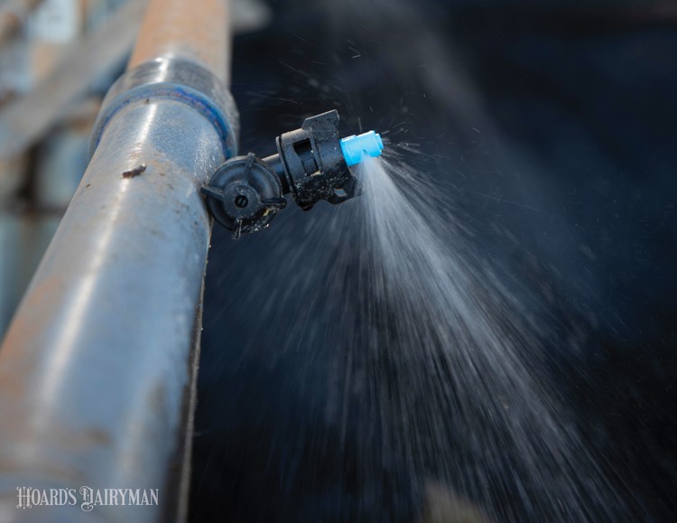 Barn soaker nozzle spraying water, featured image for the Hoard's Dairyman article